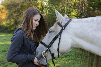 zeigt ein Mädchen, dass sich um ihr Pferd kümmert